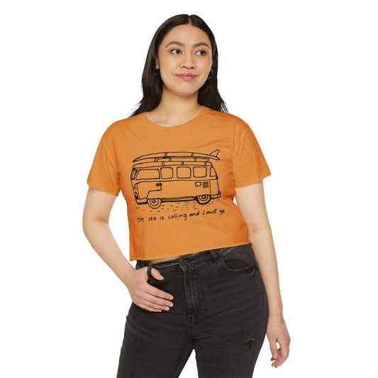 THE SEA IS CALLING Women's Festival Crop Top - Boho Beach Vibe Tee, Perfect for Music Festivals, Summer Adventures, Beach Outings, and Travel-1