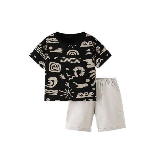 Summer Baby Kids Casual Geometric Pattern T-shirt and Shorts Clothing Set for Boys-0
