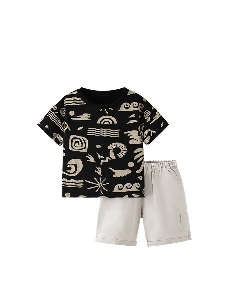 Summer Baby Kids Casual Geometric Pattern T-shirt and Shorts Clothing Set for Boys-4